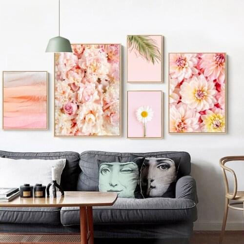 Elegant Sweet Color Peony Feather Pink Dahlia Palm Leaf Canvas Painting Poster And Print Wall Art For Salon Bedroom Home Decor