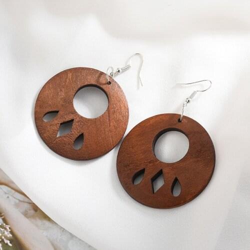 European and American Vintage Jewelry Bohemian Geometric Solid Mahogany Hollow Round Earrings for Women