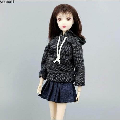 1:6 Students Clothes Set for Barbie Doll Outfits Black Dotted Sweatshirt Hoodies Denim Pleated Skirt 1/6 Dolls Accessories Toys