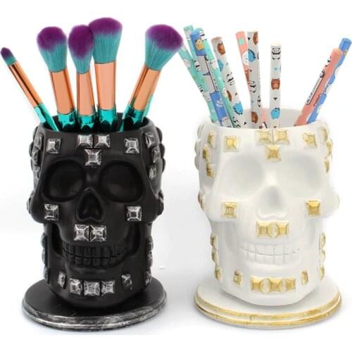 3D Rotating Skull Makeup Storage Container Rivet Head Skeleton Ornament Stationery Holder Pot Jewellery Box Home Organizer Decor