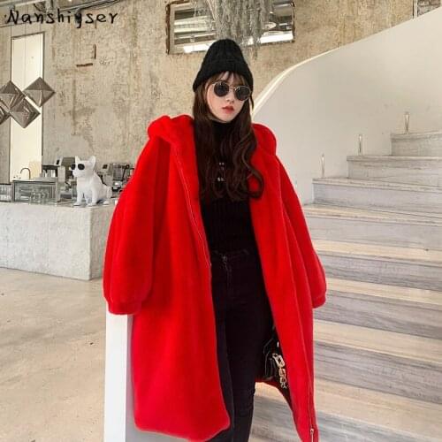 Korean Mid-length Loose Red Hooded Thicken Soft Faux Rabbit Fur Jacket Women Winter Plus size Warm Oversized Outerwear Female
