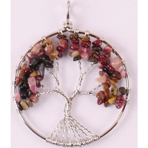 Lucky Handmade Tree of life Natural Motley Tourmaline Wire Wrap GEM Pendant Jewelry For Gift S594