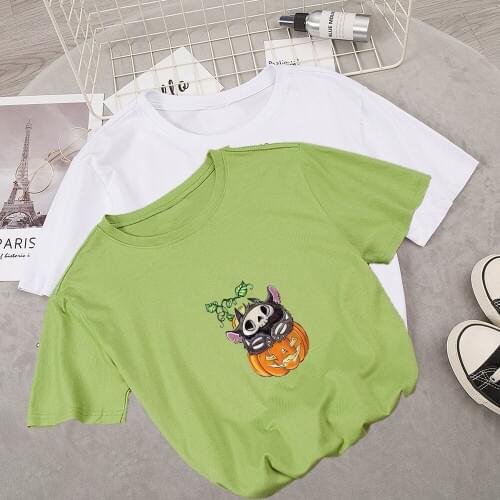 Kawaii Female Tshirt Gothic Harajuku Gym Clothes T Shirt O-neck Halloween Pumpkin Print Women Tops Friends Aesthetic Vintage Tee
