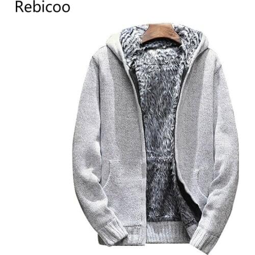 Mens Autumn Fashion Brand Plus Velvet Thickening Hooded Knit Quality Jacket Mens Casual Cardigan Fashion Coat