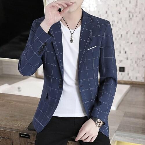 HOO 2021 Mens Spring Plaid Slim Fit Handsome Casual blazer Youth Fashion Professional Tailored blazer