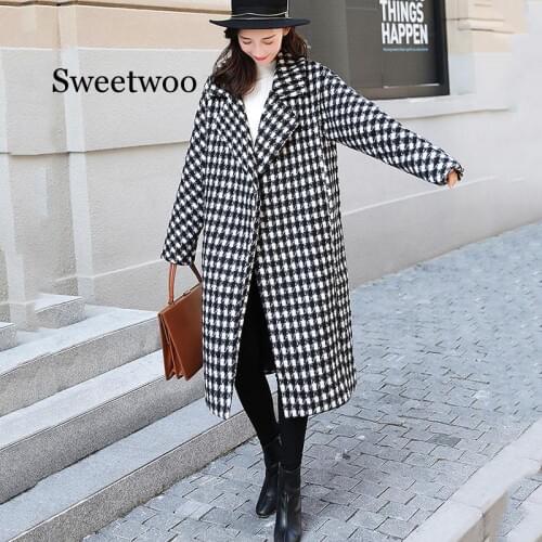 2020 New Women Medium Length Woolen Coat Autumn Winter Female Black White Checked Coat Loose Plaid Trench Coat Plus Size