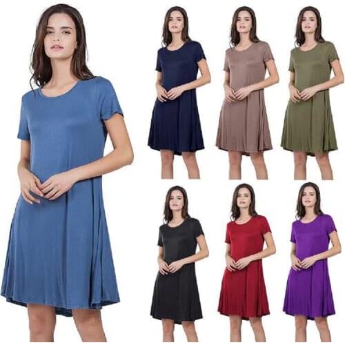 European and American new loose short sleeve round neck solid color pocket dress in spring and summer of 2021
