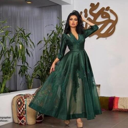 New Arrival V Neck evening dress 2020 Green Dubai Kaftan evening dresses Long Abendkleider abiye Evening gowns