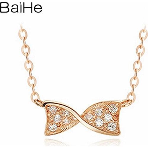 BAIHE Solid 18K Rose Gold 0.10CT Round Natural Diamonds Women Engagement Jewelry Cute/Romantic Beautiful bow diamond Necklaces