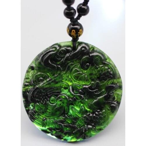 Natural Black Green Jade Dragon Phoenix Pendant Bead Necklace Chinese Carved Charm Jewelry Fashion Amulet for Men Women Gifts