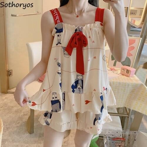 Pajama Sets Women Cartoon Print Tank Shorts Bow Summer Womans Lovely Fashion Homewear Nightwear Loose Leisure Soft New Pyjamas