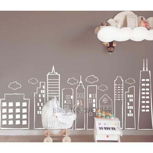 Whimsical Doodled City Skyline Wall Art Vinyl Decal For Kids Rooms Play Room Bedrooms DIY Murals Creative Vinilos Paredes LC578