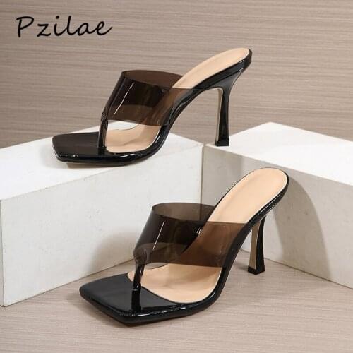 Pzilae New Summer Slippers Women Clear PVC Transparent Jelly Flip Flops Fashion Square Toe Stiletto Heels Party Ladies Shoes