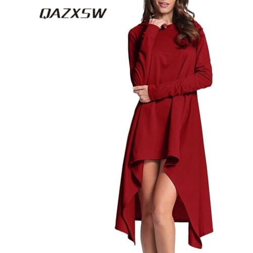 QAZXSW 2018 New Spring Plus Size Dresses For Women 4XL Hooded Dress Casual Ladies Irregular Dress Female Sportwear Vestido HB627