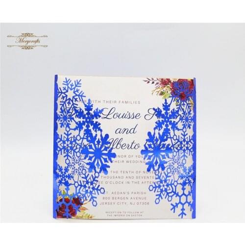 Royal blue snowflakes laser cut wedding invitation cards luxury