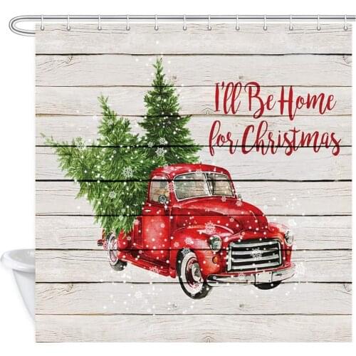 Christmas Red Retro Truck Shower Curtain, Vintage Car with Xmas Tree in Snowy Winter on Rustic Wooden