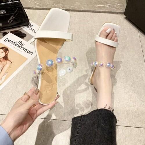 Slippers Casual Flat Shoes Female String Bead Women Heels Platform Slides Beige Heeled Sandals Square heel Pantofle Luxury High