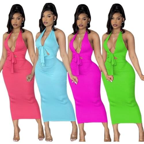 SKMY 2021 Summer Clothes For Women New Fashion Solid Color Halter Neck Lace-Up Hollow Out Slim Bodycon Midi Dress Clubwear