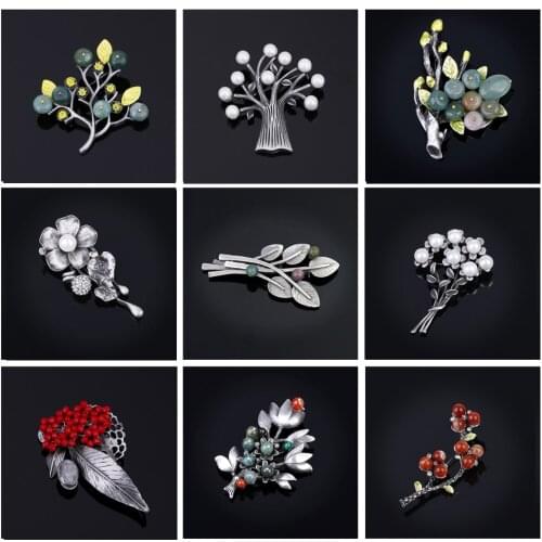 Vintage Brooches for Women Red White Grey Beads Brosh Leaves Tree Corsage Pin Simulated Pearl Jewelry Lapel Brooches Pins