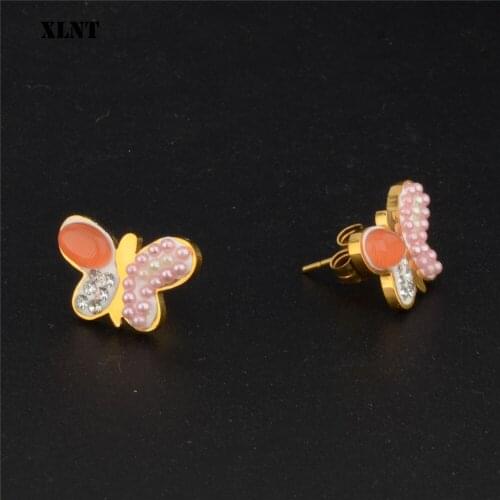 XLNT New Arrival Sparkling Cubic Zirconia CZ Zircon Crystal Butterfly Stainless Steel Stud Earrings for Women or Girls