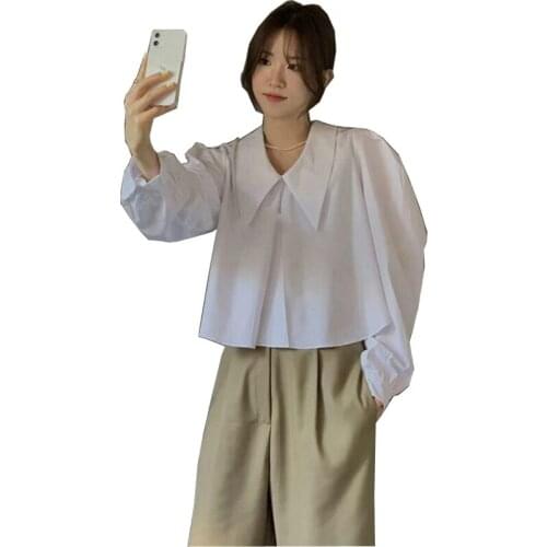 New 2021 Women Spring Summer Blouse Shirts Vintage Elegant Puff Sleeve Solid Korean Style Wild Lady Short Tops CL830