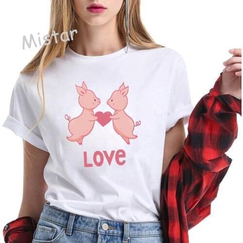 Cute LOVE Pig Bow Fashion Print Women Cartoon Tshirt Harajuku Kawaii Korean Female Tops Tee Funny Femme T Shirt,drop shipping