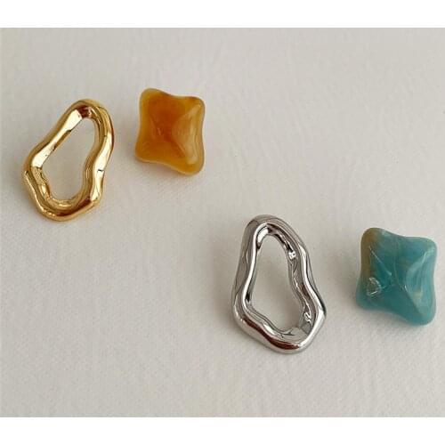 AOMU Korea Blue Orange Resin Metal Geometric Earrings Simple Retro Irregular Asymmetric Textured Hollow Stud Earrings for Women