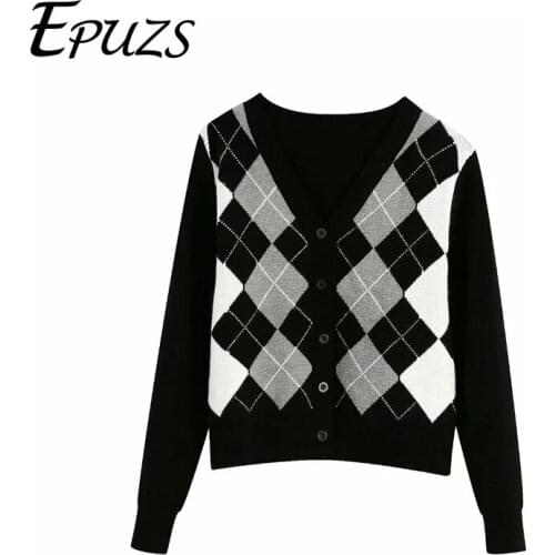 2020 Women England Style Argyle Contrast Colors Cardigans Vintage Single Breasted V-Neck Sweaters Female Chic Jumpers