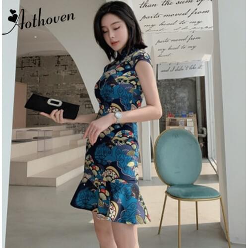 Summer Elegant Print Mermaid Dresses Mandarin Collar Short Sleeve Vintage Dress Women Office Bodycon Sexy Party Ladies Dress