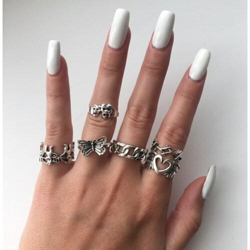 6Pcs/set Gothic Heart Rings Set for Women Silver Vintage Hiphop Angel Wings Skull Butterfly Rings Punk Party Jewelry Anillos