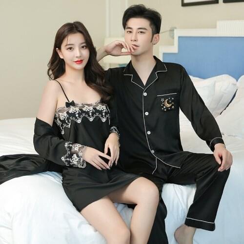 Couples Black Satin Lace Pajamas Set 2pcs Home Clothes Lovers Sleepwear Intimate Lingerie Pyjamas Suit M L XL XXL 3XL