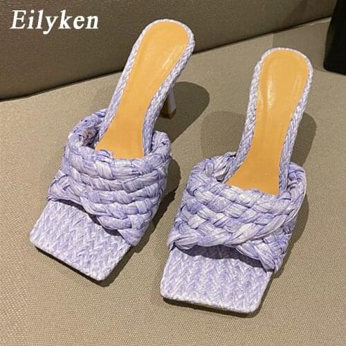 Eilyken New Weave Design Slippers Women Square Toe Thin High Heels Summer Party Shoes Runway Slides Candy Colors Dress Sandals