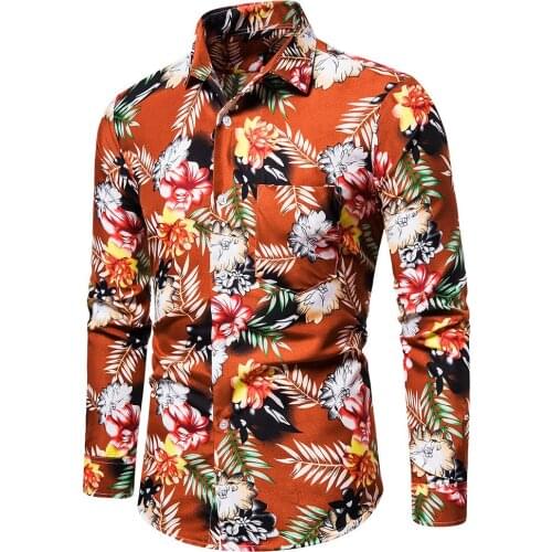 Hawaiian Shirts Tropical Plants Printed Regular Fit Long Sleeve Casual Hawaiian Shirt for Men Ropa Hombre
