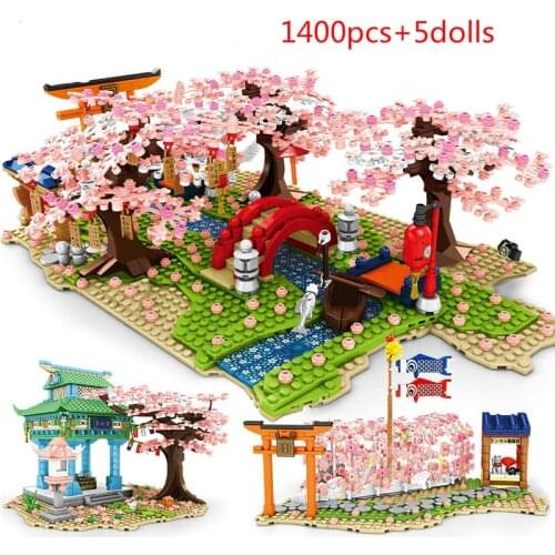 City Street View Sakura Inari Shrine Building Blocks Friends Cherry Blossom Creator House Tree Construct Brick Toys For Children