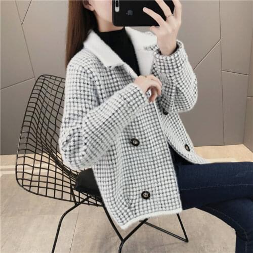 Women 2021 Autumn Winter New Imitation Mink Cashmere Cardigan Coat Female Long Sleeve Plaid Warm Casual Knitted Sweaters X288
