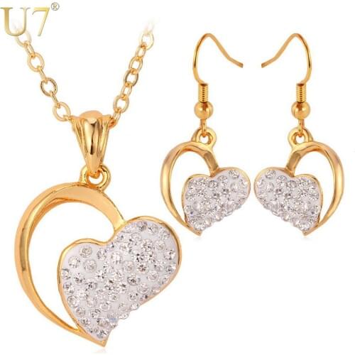 U7 Shine Full Crystal Heart Jewelry Set Gold Color Rhinestone Earrings Necklace Set For Women S556