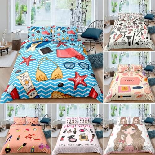 Beauty Make Up Pattern Girls Bedding Set Cartoon Cosmetic Doodles Printed Comforter Duvet Covers 150x200 King Queen Twin Size