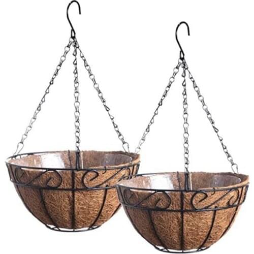Metal Hanging Planter Flower Basket With Coco Coir Liners 10Inch Round Wire Outdoor Porch Balcony Garden Decor, Set Of 2-ABUX