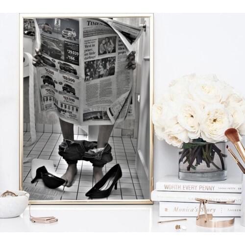 Fashion Toilet Sexy Woman Read Newspaper Canvas Prints Modern Bar Black White Girl in Restroom Painting Vintage Pictures Poster