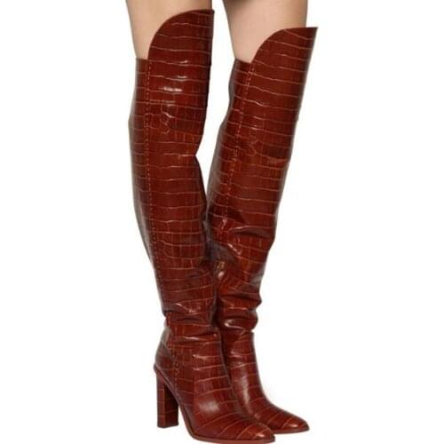 Moraima Snc Fashion Crocodile Pattern Leather Woman Boots Runway Pointed Toe Thick Heels Knee High Boots Woman Long Boots