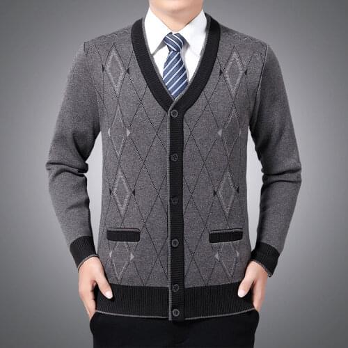 Men Wool cashmere Caridgan Knitwear Black Camel Red Rhomboids Pattern Thicken Fleece V-neck Warm Sweaters Autumn Early Winter