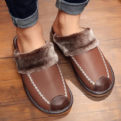 Mens Leather Home Warm Cotton Slippers Mens Home Autumn and Winter Indoor Wooden Floor Non-slip Thick Slippers Mens Slippers