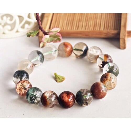Natural Colorful Phantom Quartz Crystal 13.2mm Round Beads Woman Man Bracelets Bangle Phantom Bracelet Certificate AAAAAA