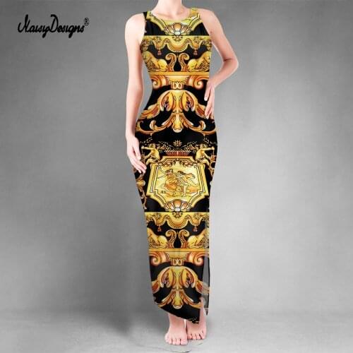 Noisydesigns Luxury Floral Golden Women Bodycon Sexy Maxi Dress Double Slit Vest Prom O-Neck Sleeveless Black Vestido Feminino