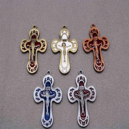 Orthodox Church Jesus Vintage Bronze Cross Medal Colorful Necklace Cross Rosary Pendant
