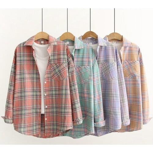 OUMENGKA 2021 New Vintage Plaid Shirts Women Casual Cotton Shirts Female Blouse Tops plus size clothing Long Sleeve Button