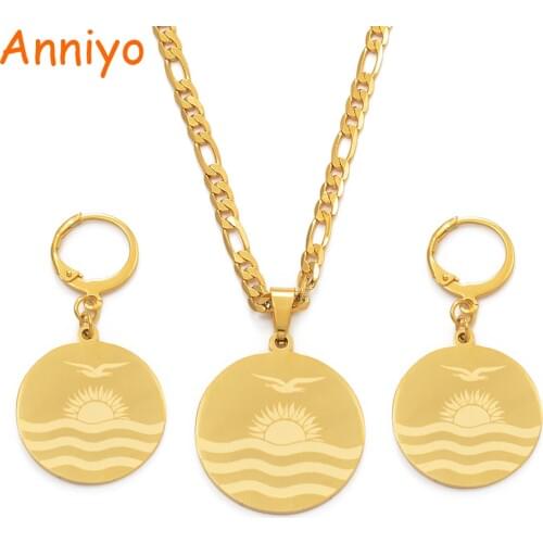 Anniyo kiribati Flag Pendant Necklaces Earrings for Women Girls Gold Color Stainless Steel Jewelry Sets Kiribati Gift #076321
