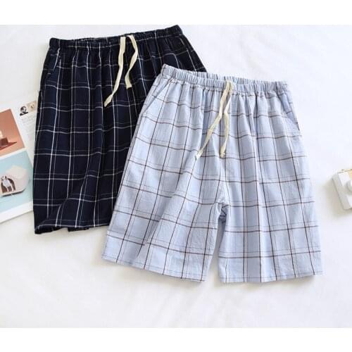 Men Pyjamas Mens Sleepwear Washed Cotton Single Line Big Plaid Shorts Summer Cool Cotton Loose Pajamas Breathable Beach Shorts