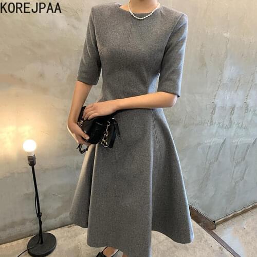 Korejpaa Women Dress 2021 Autumn Korean Chic Minimalist Temperament Round Neck Slimming Waist Big Swing Puff Sleeve Vestidos