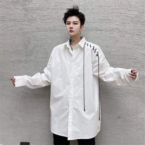 Summer One Shoulder Drawstring Men White Shirt Harajuku Long Sleeve Shirts Womens Casual Oversize Blouse